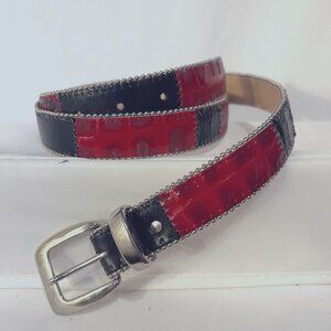 Black & Red Snakeskin Patchwork Women's Belt-Silver Bead Trim-Size 38"x1" Large